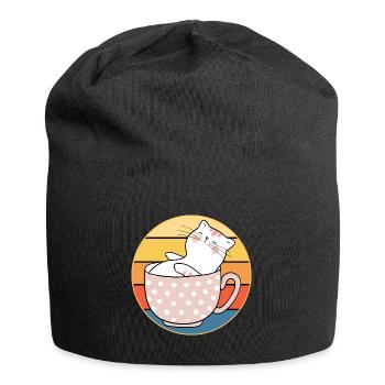 Lustiges süßes Kawaii Katzengesicht Retro Sonnenuntergang - Jersey-Beanie - Schwarz - Vorne