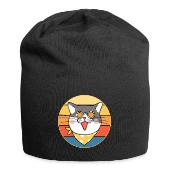 Drôle mignon Kawaii chat visage rétro coucher de soleil - Bonnet en jersey - noir - Devant