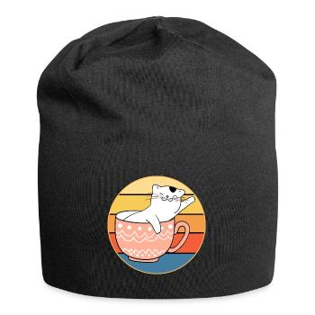 Drôle mignon Kawaii Cat Face Rétro Coucher de soleil - Bonnet en jersey - noir - Devant