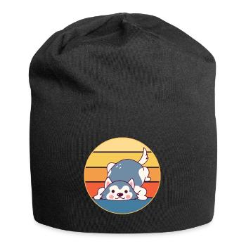Funny Kawaii Cute Husky Dog Vintage Retro Sunset - Jersey Beanie - black - Front
