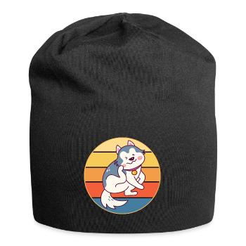 Lustige Kawaii Niedliche Husky Hund Vintage Retro Sonnenuntergang - Jersey-Beanie - Schwarz - Vorne