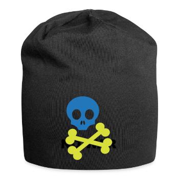 Neonblauer Totenkopf und gekreuzte Knochen - Jersey-Beanie - Schwarz - Vorne