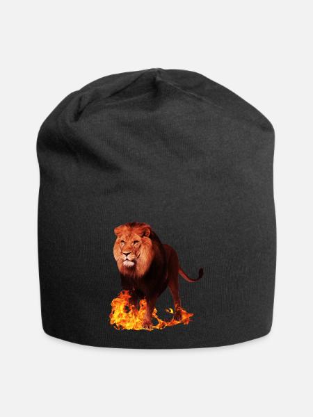 Lion wild animal on fire - Jersey Beanie - black