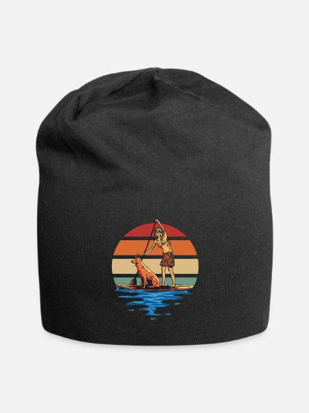 Vintage Stand Up Paddle Hund und Mädchen Cartoon - Jersey-Beanie - Schwarz
