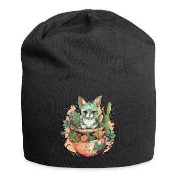 Cat in teracotta pot with cactus - Jersey Beanie - black - Front