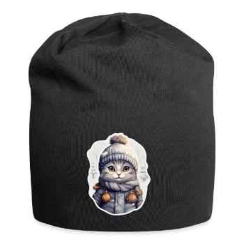 Cat with hat, scarf and winter jacket - Jersey Beanie - black - Front