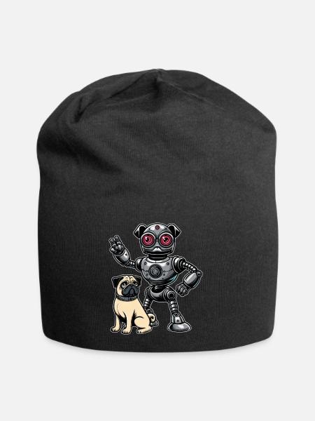 Mops Roboter und Herrchen Freunde - Jersey-Beanie - Schwarz