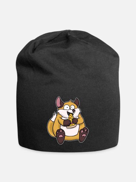 Fat Fox Eating Pizza Funny Comic Style - Jersey Beanie - black