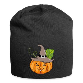 Cartoonhaft lächelnder Kürbis mit Hut - Jersey-Beanie - Schwarz - Vorne