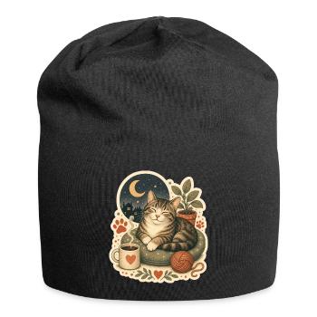 Gemütliche Katze Kaffee Garn - Jersey-Beanie - Schwarz - Vorne