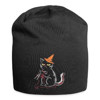 Schwarze Mürrische Katze Stricken Hexenhut T-Shirt - Jersey Beanie - black - Front