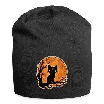 Black Cat in Front of Full Moon Halloween Motif - Jersey Beanie - black - Front