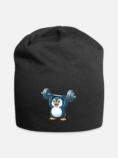 Penguin Dumbbell Workout Fitness Weightlifting Gym - Jersey Beanie - black