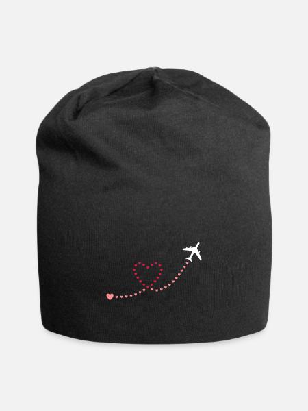 ★ Designfarben änderbar ★ Flugzeug, Herzen - Jersey-Beanie - Schwarz