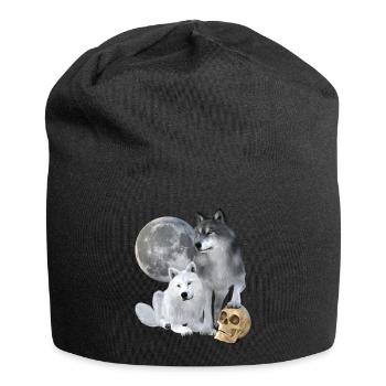 Wölfe, weiß, grau, Mond, Schädel - Jersey-Beanie - Schwarz - Vorne