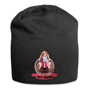 Anti Social Motiv Anime Stil Waifu mit Kaffeetasse - Jersey-Beanie - Schwarz - Vorne