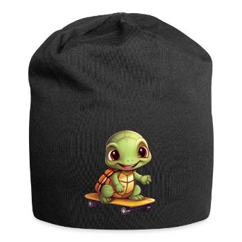 Skateboardende Schildkröte, Sportliches Tierdesign - Jersey-Beanie - Schwarz - Vorne
