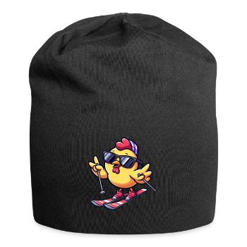 Winterurlaub mit Huhn beim Skifahren - Jersey-Beanie - Schwarz - Vorne
