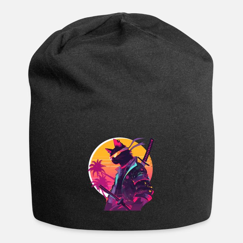 Cat Samurai 80er Vintage Stil - Jersey-Beanie - Schwarz