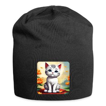 Niedliche weiße Katze mit Blumen - Jersey-Beanie - Schwarz - Vorne