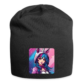 Cute Anime Girl with Unicorn Hoodie - Jersey Beanie - black - Front