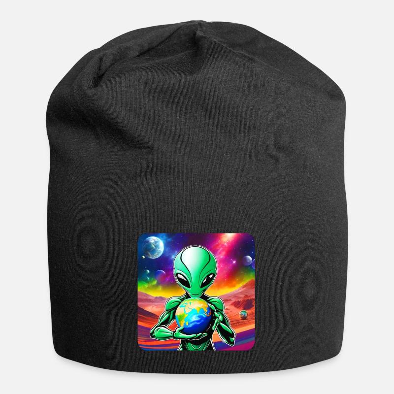 Cooler Alien mit Planet in den Händen - Jersey-Beanie - Schwarz