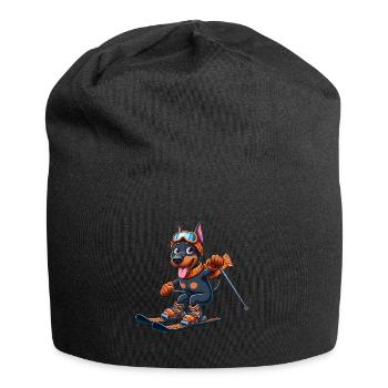 Dobermann auf Skiern - Winterurlaub im Comic-Stil - Jersey-Beanie - Schwarz - Vorne