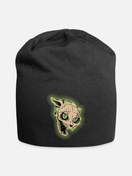 Vintage Cat Skull Illustration - Jersey Beanie - black