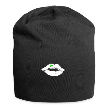 baiser de rouge à lèvres blanc avec trèfle St. Patrick - Bonnet en jersey - noir - Devant