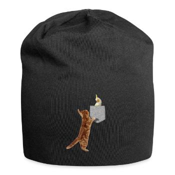 Chat atteignant l'oiseau cockatiel en faux imprimé - Bonnet en jersey - noir - Devant