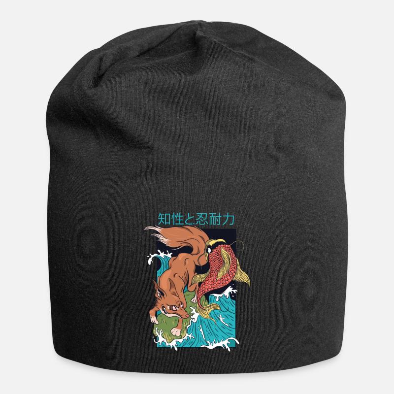 Fox and fish Japan - Jersey Beanie - black
