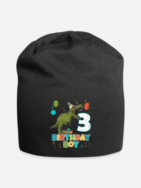 3 Year Old Kids Birthday Boy Party T Rex Dinosaur - Jersey Beanie - black