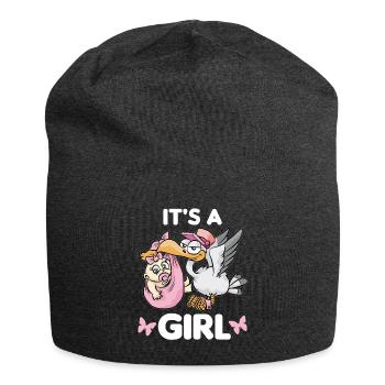 Girl Daughter Rattle Stork Pregnancy Pink - Jersey Beanie - charcoal grey - Front