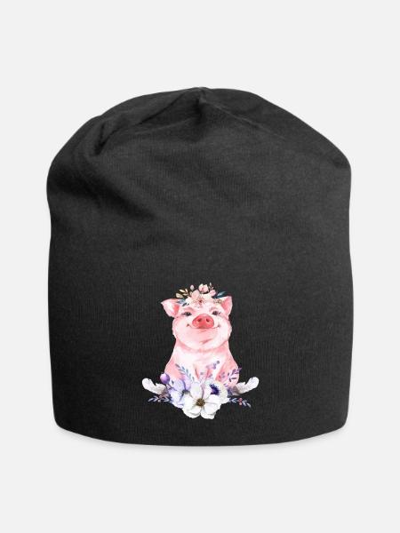 Schwein Schweinchen Boho Blumen Geschenk Geburt - Jersey-Beanie - Schwarz