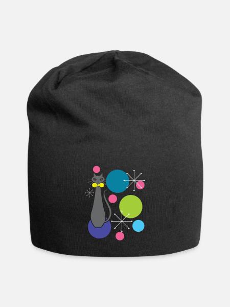 Retro Style Atomic Era Mid Century Cool Cat - Jersey Beanie - black