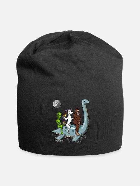 Alien Unicorn Bigfoot Riding Loch Ness Monster - Jersey Beanie - black