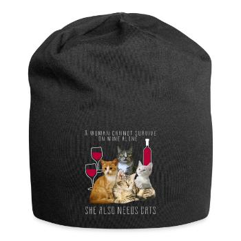 Frau kann mit Wein nicht überleben | Katzen Grafik - Jersey-Beanie - Schwarz - Vorne