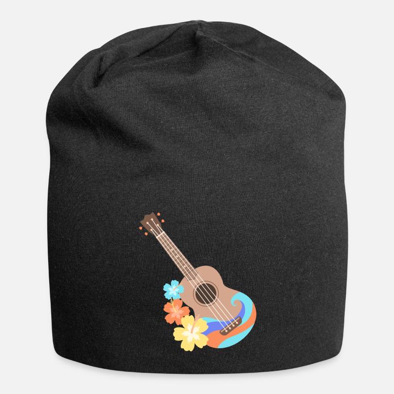 Brown wave pattern ukulele with Hibiscus flowers - Jersey Beanie - black