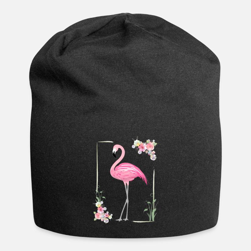Flamingo mit Blumen Umrahmung - Jersey-Beanie - Schwarz