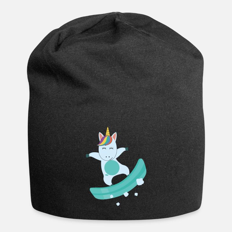 Einhorn auf Snowboard, Snowboarding, bunt, comic - Jersey-Beanie - Schwarz
