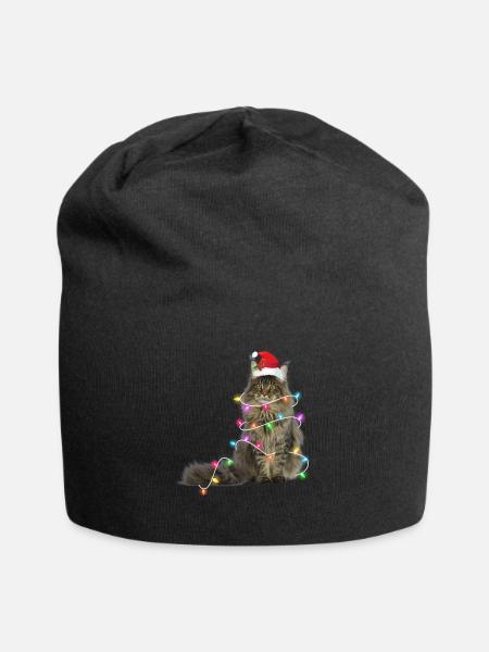 Cat - christmas - winter - fairy lights - Jersey Beanie - black