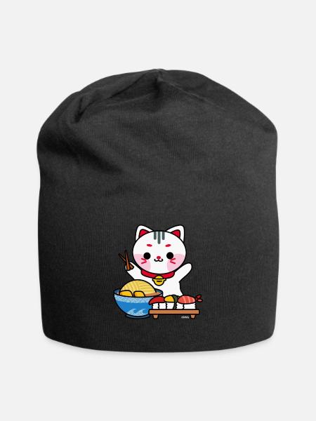 Cat eats sushi and ramen love japan - Jersey Beanie - black
