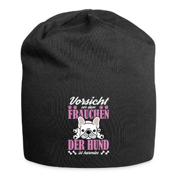 Vorsicht vor dem Frauchen der Hund ist harmlos Ges - Jersey-Beanie - Schwarz - Vorne