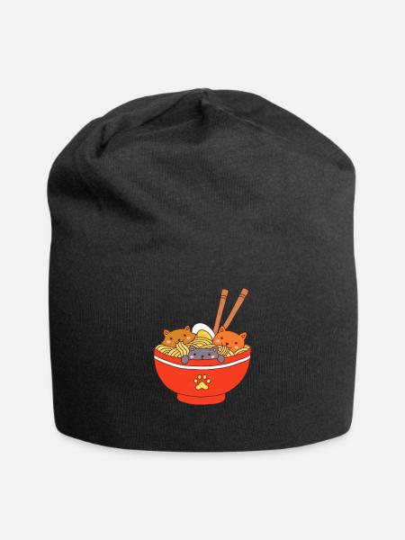 Three cute cats eat japanese ramen noodle - Jersey Beanie - black
