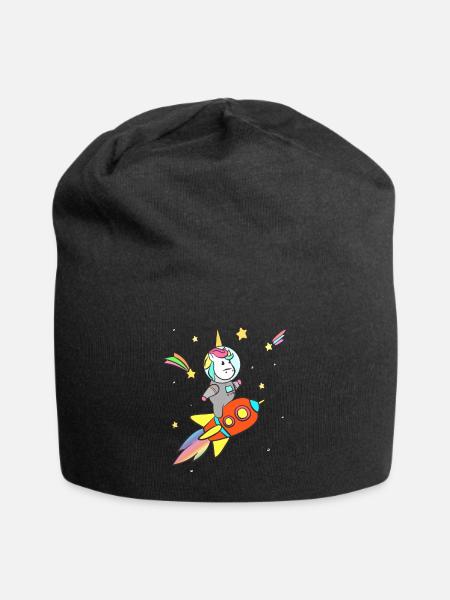 Unicorn on Rocket in Space - Jersey Beanie - black