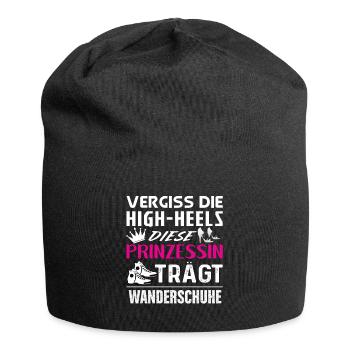 Prinzessin trägt Wanderschuhe / High-Heels, Berge - Jersey-Beanie - Schwarz - Vorne