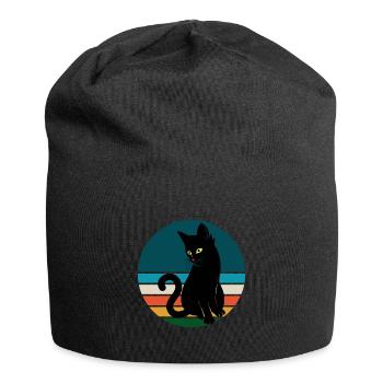 Black Cat Sitting Retro Sunset - Jersey Beanie - black - Front