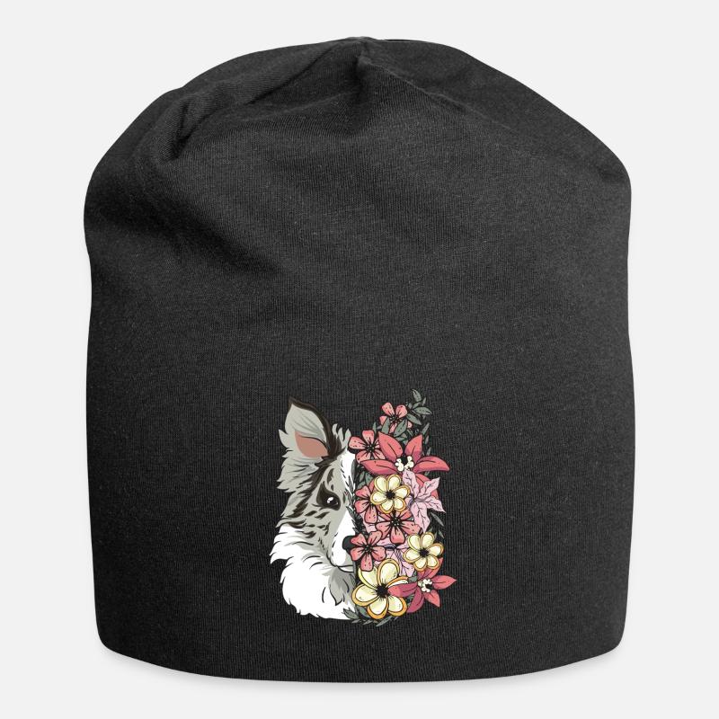 Border Collie Blue Merle avec des fleurs - Bonnet en jersey - noir
