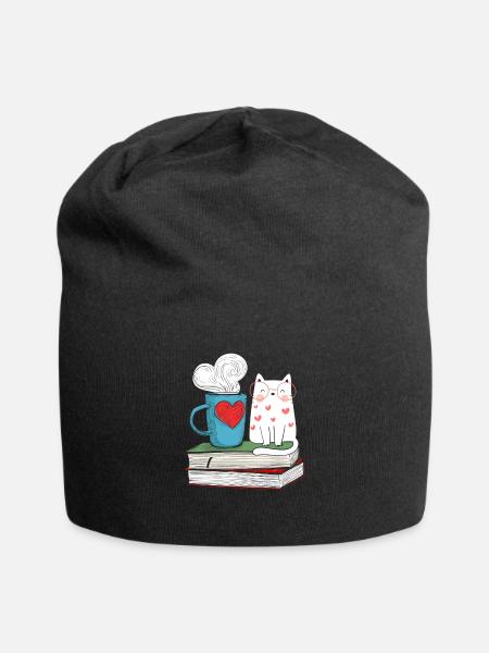 Niedliche Katze und Kaffee Buch Literatur Lesen - Jersey-Beanie - Schwarz