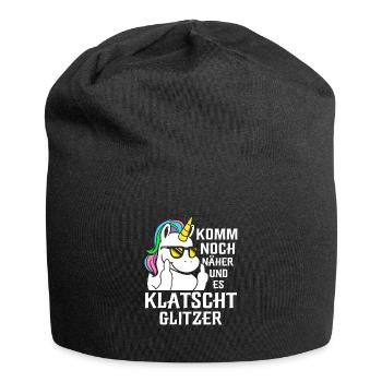 Komm Noch Näher und Es Klatscht Glitzer Einhorn - Jersey-Beanie - Schwarz - Vorne
